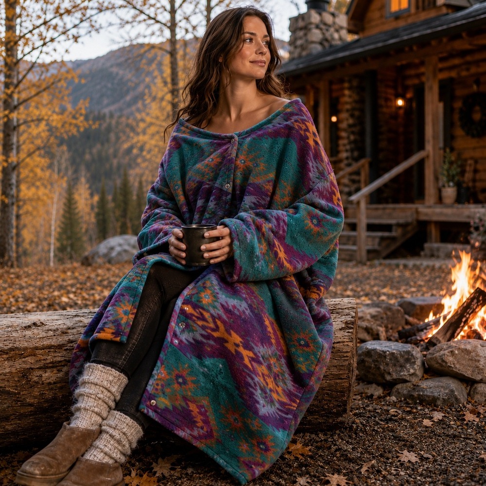 VTG 90s Southwestern Cuddle Wrap Blanket Coat Aztec Rugged Wearable Wool Blanket